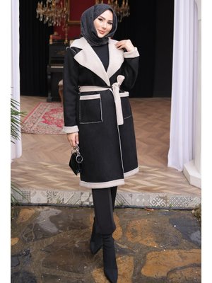 Siyah Kruvaze Yaka İçi Kürklü Süet Kaban