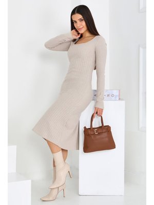 Bej Kare Yaka Fitilili Kaşkorse Elbise