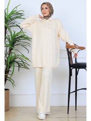 Taş Rengi Düğme Detaylı Triko Takım