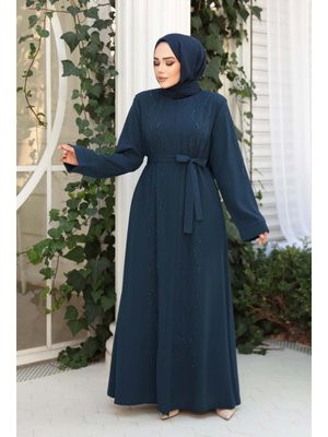 Boncuk İşlemeli İndigo Mavisi Abaya 29117ım