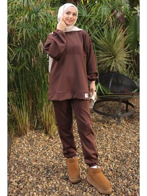 Kahverengi Armalı Tunik Pantolonlu Takım