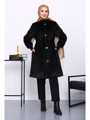 Siyah Bel Lastikli Angora Kürk Kaban