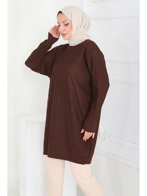 Kahve Çima Detaylı Triko Tunik