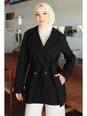 Siyah Düğme Detaylı Kaşe Kaban