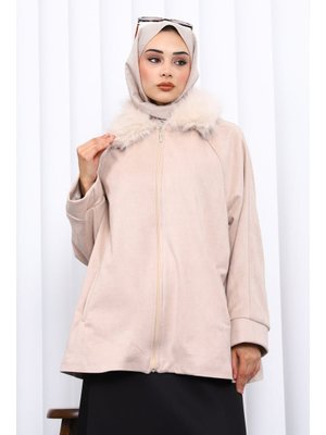 Bej Yaka Kürk Detaylı Süet Ceket
