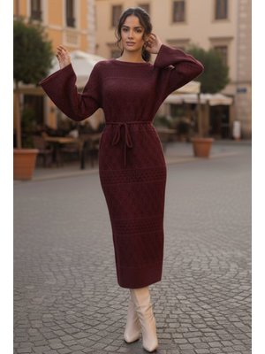 Bordo Baklava Desenli Fileli Triko Elbise