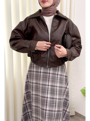 Kahverengi Beli Lastikli Suni Deri Ceket