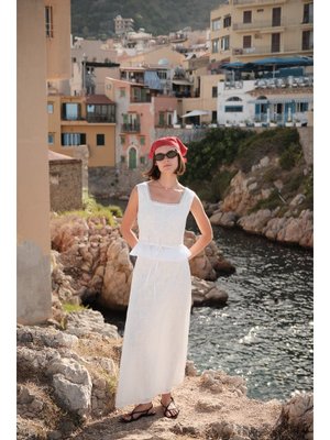 Ekru Nakışlı Midi Etek