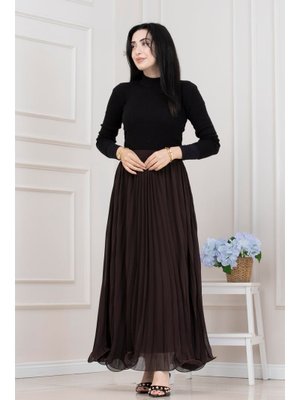 Kahverengi Piliseli Şifon Etek