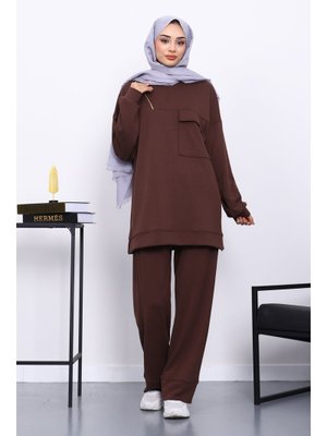Kahverengi Tek Cepli Tunik Pantolonlu Modal Takım