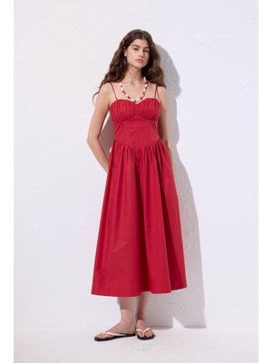 Kırmızı Büzgülü Korsajlı Elbise