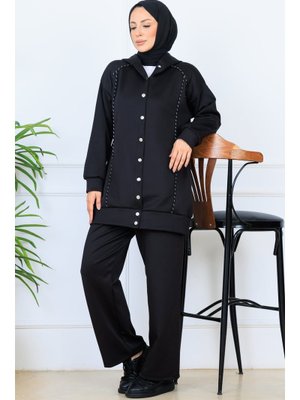 Siyah Kapüşonlu Düğmeli Scuba Takım