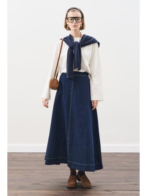 İndigo Dikiş Detaylı Geniş Denim Etek