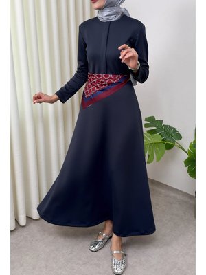 Lacivert Scuba Suni Deri Kemerli Elbise