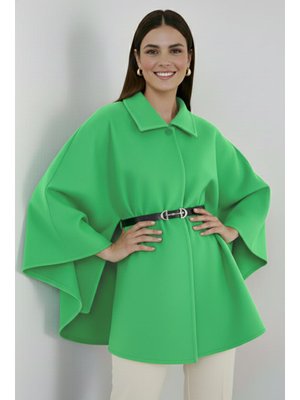 Fıstık Yeşili Kemerli Kaşe Panço