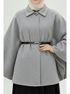 Koyu Gri Kemerli Kaşe Panço