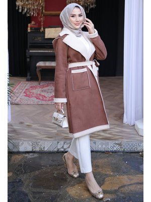 Taba Kruvaze Yaka İçi Kürklü Süet Kaban