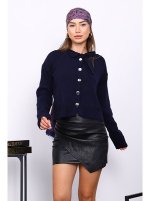 Lacivert Yaka Bağlamalı Düğmeli Triko Hırka