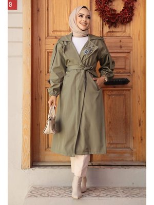 Boncuk Detaylı Haki Trençkot 639hk