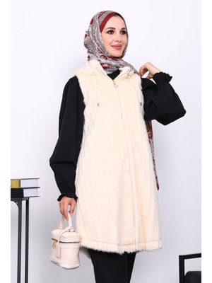 Krem Kapüşonlu Kürk Yelek