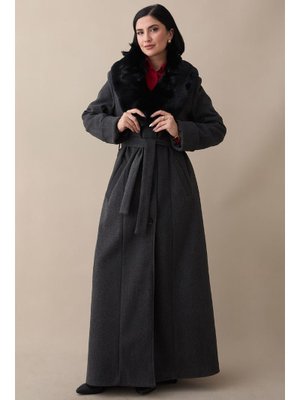 Yakası Kürklü Astarlı Kuşaklı Gri Kaşe Kaban