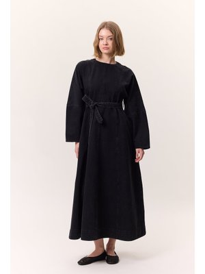 Siyah Geniş Kol Kemerli Denım Elbise