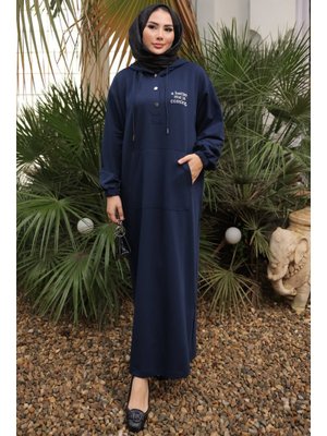 Lacivert Baskılı Kapüşonlu İki İplik Elbise