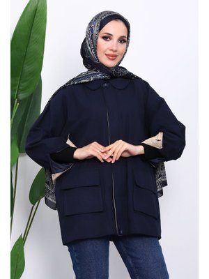 Lacivert Cep Detaylı Fermuarlı Gabardin Ceket