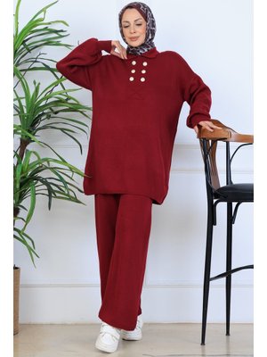 Bordo Düğme Detaylı Triko Takım