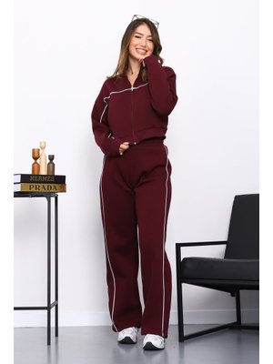Mürdüm Üç İplik Sweat Hırka Pantolonlu Takım