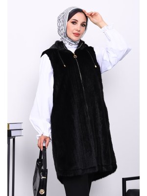 Siyah Kapüşonlu Kürk Yelek