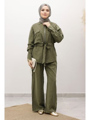Haki Beli Büzgülü Fermuarlı İkili Takım