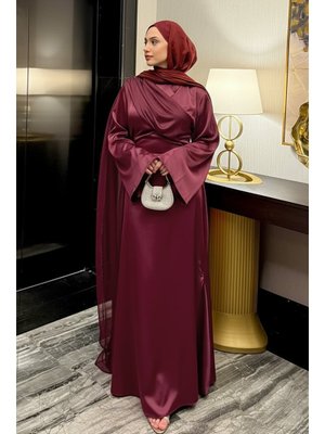 Bordo Pelerinli Saten Abiye Elbise