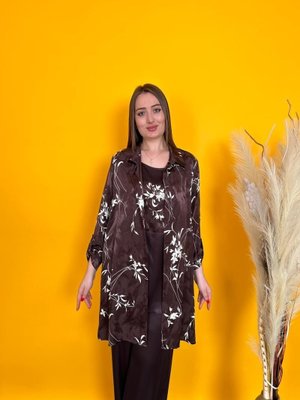 Büyük Beden Lü Bluzlu Pantolonlu Ceketli Takım Kahve