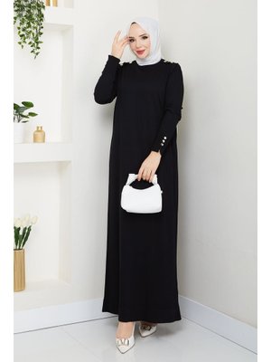 Siyah Omuzu Apoletli Merserize Triko Elbise