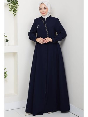 Lacivert Broşlu Büyük Beden Ferace