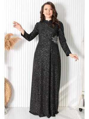 Simli Taş Baskı Detaylı Abiye Gümüş