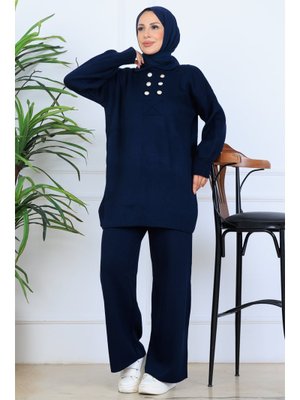 Lacivert Düğme Detaylı Triko Takım