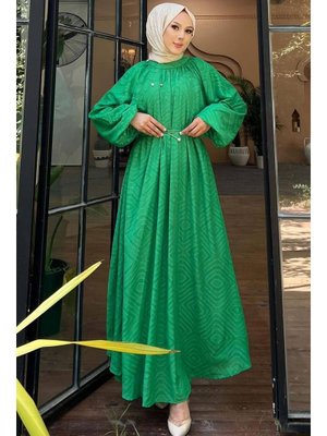 Desenli Zümrüt Yeşili Elbise 14291zy
