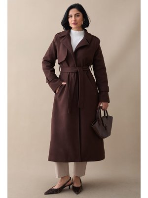 Tek Kapaklı Cepli Kuşaklı Acı Kahve Kaşe Kaban