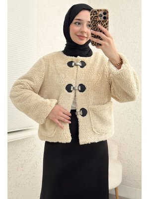 Bej Toka Detaylı Peluş Ceket