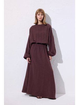 Mürdüm Müslin Beli Büzgülü Elbise