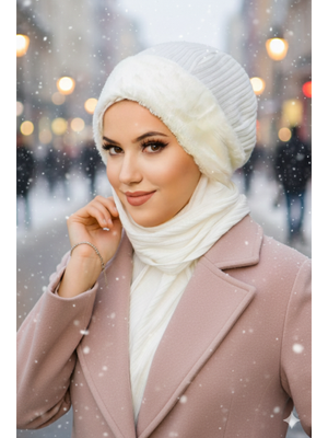 Kırık Beyaz Fitilli Kürk Aksesuarlı Bere