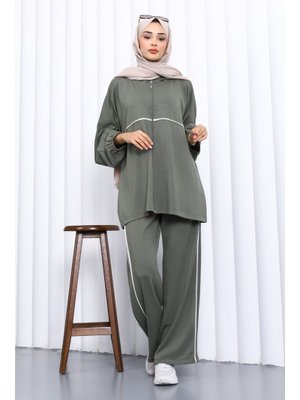 Haki Fermuarlı Sweat Pantolonlu Modal Takım