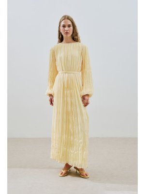 Sarı Piliseli Şifon Elbise Soft