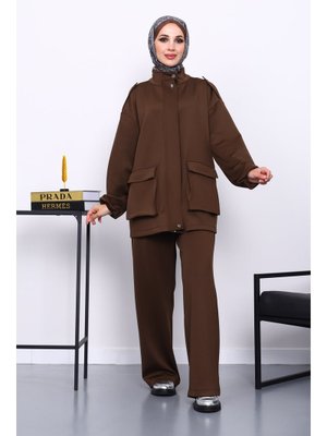 Kahverengi Fermuarlı Scuba Ceket Pantolonlu Takım