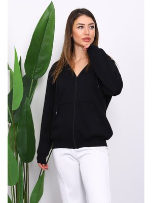 Siyah İçi Şardonlu Üç İplik Oversize Hırka