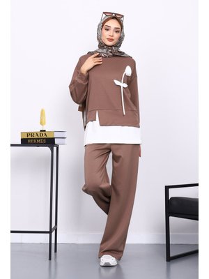 Vizon Bisiklet Yaka Gül Detaylı Tunik Pantolonlu Modal Takım