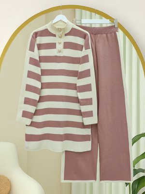 G.kurusu Yarım Boğazlı Yakası Düğmeli Kalın Çizgili Triko Takım