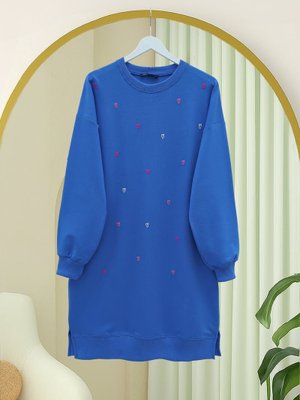 Mavi Yuvarlak Yaka Kalp Desenli Penye Tunik